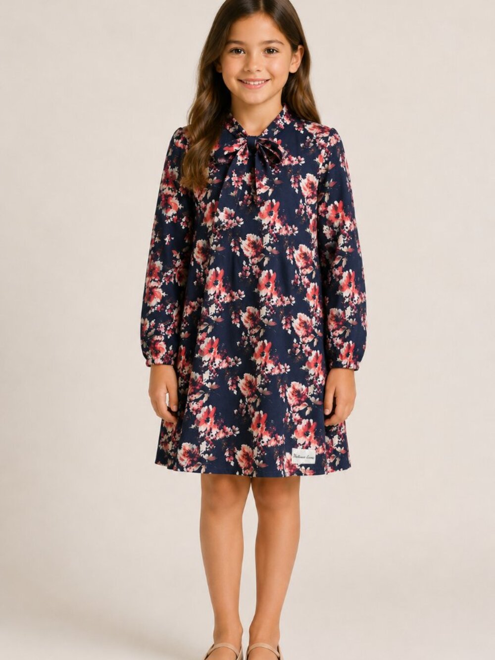 Makena Lane Grey Pink Autumn Floral Long Sleeve Cotton Dress Neck Bow Girls 8
